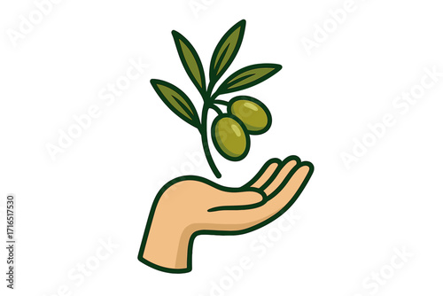 Human hand holding an olive branch with green olives. Concept of peace, care, and ecology. Symbol for natural cosmetics, vegan food or organic olive oil production.
