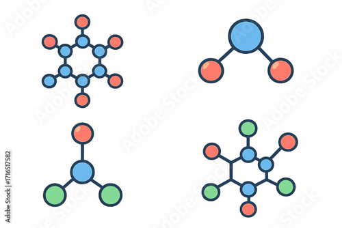 Set of molecule and atom icons. Flat vector illustrations of various chemical compound structures. Science, chemistry, physics symbols for education or laboratory research.