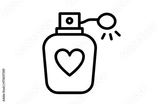 Elegant perfume bottle with heart symbol, vector cartoon illustration, spray mist, beauty fragrance design for graphics, ads, books, apps, transparent background, cosmetic icon