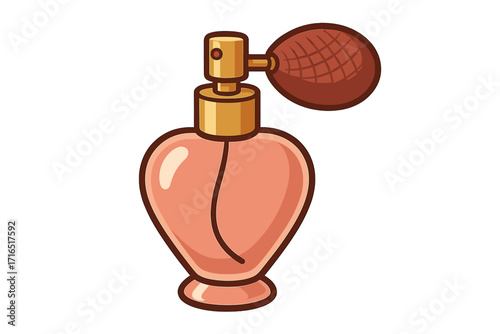 Vintage heart-shaped perfume bottle with golden atomizer. Elegant classic fragrance spray vector illustration for beauty, cosmetics, design, advertising, and branding.