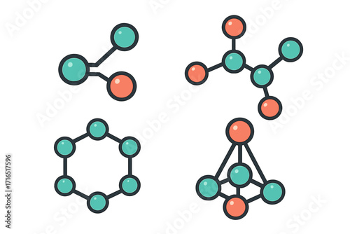 Set of molecule icons. Chemical compound and atom symbols for science graphics. Vector cartoon illustration of molecular structures and bonds. Chemistry and physics concept.