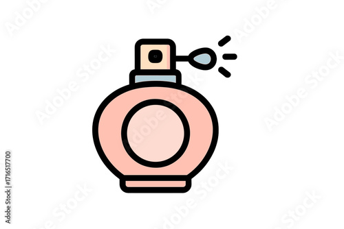 Elegant round pink perfume bottle spray icon. Cosmetic fragrance atomizer vector illustration. Beauty product design for graphics, adverts, apps, and branding. Transparent background, cartoon style.