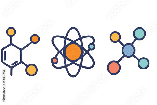 Science icon set with atom, molecule, chemical compound. Flat vector cartoon illustration of atomic structure, nucleus, electron orbit, and molecular bond for chemistry, education.