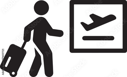 traveler, person, silhouette, suitcase, luggage, wheels, pulling, walking, airport, airplane, plane, departure, arrival, sign, board, information, travel, journey, vacation, transportation, icon, symb