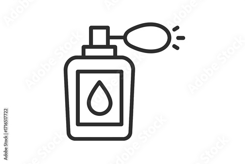 Minimalist perfume bottle icon with spray pump, simple line art vector illustration for graphic design, web, cards, books, articles, transparent background, cosmetic product symbol