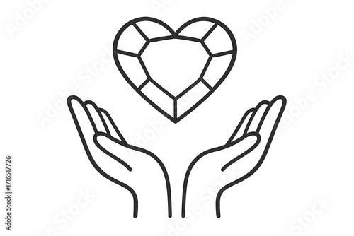 Hands holding a heart gem. Concept of love, charity, donation, and volunteering. Metaphor for precious gift, kindness, hope, and support. Health care line icon vector.