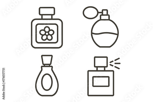 Set of elegant perfume bottle line icons, minimalist fragrance container illustrations for graphic design, websites, cards, books, articles, beauty products, cosmetic vector