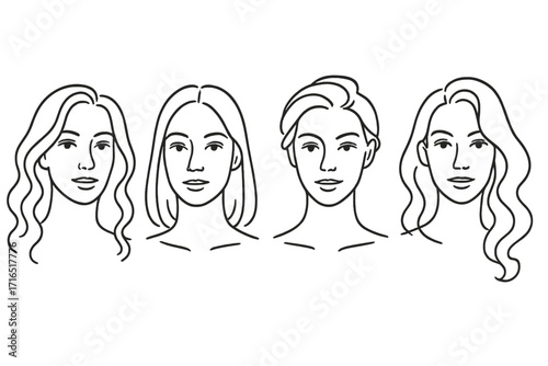Collection of woman faces in line art. Set of beautiful female portraits with diverse hairstyles. Vector for beauty salon, cosmetic, skin care. Minimalist outline illustration.