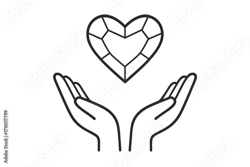 Heart shaped diamond in open hands. Vector line icon for charity, donation, love and care. A precious gift metaphor for hope, support, kindness, health and volunteering.
