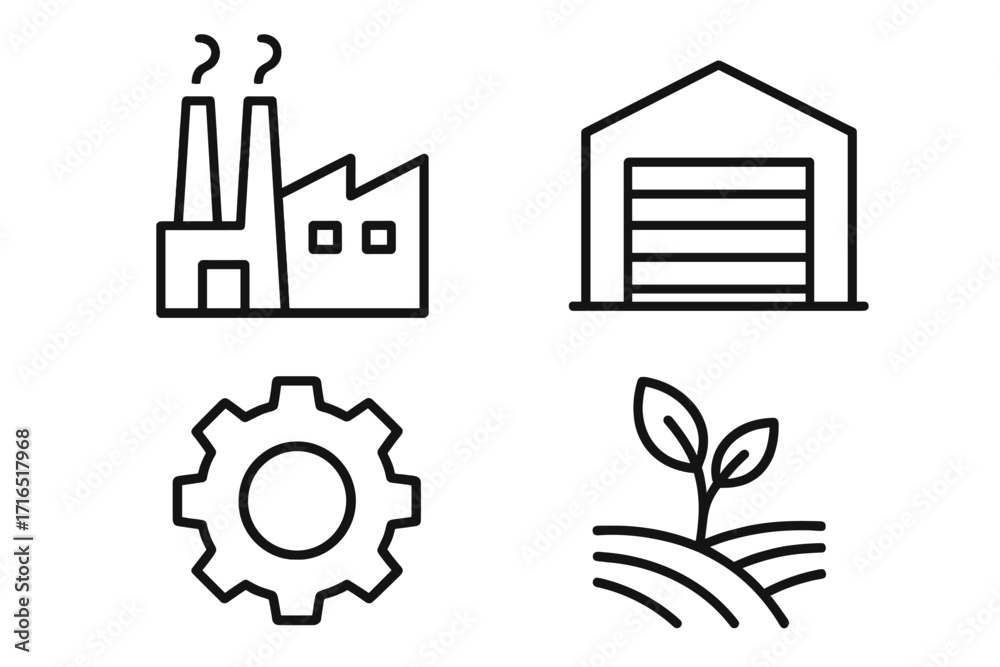Fototapeta premium Industry line icon pack, factory, warehouse, gear, agriculture outline signs and symbols, vector cartoon illustration for graphic design, apps, adverts, various cards, industry set