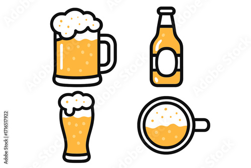 Beer icon set vector illustration. Collection of beer mug, glass, and bottle icons. Outline cartoon style for pub menu, bar logo, web design, apps. Ale, lager, drink concept.