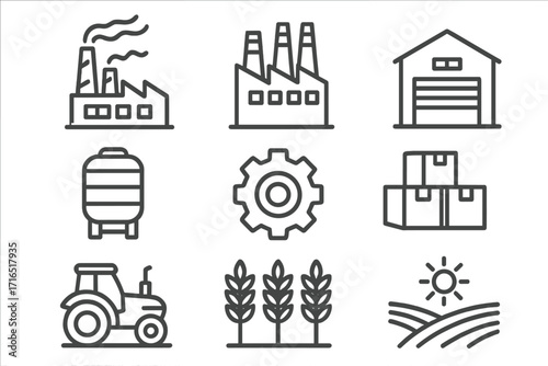Modern industry factory warehouse gear agriculture icons set, industrial production, manufacturing, farming equipment, cargo storage, agricultural crop symbols, vector outline design