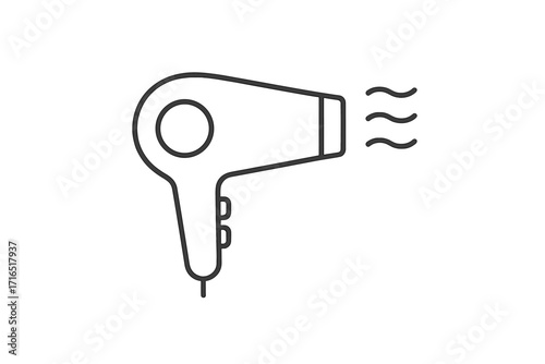 Hair dryer icon line art. Minimalist blow dryer pictogram. Hairdressing salon equipment symbol for hair care and beauty. Electric appliance for hairstyling. Vector illustration.