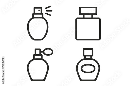 Minimalistic Perfume Bottle Icons Set, Vector Cartoon Illustration, Fragrance Symbols for Web Design, Apps, Banners, Social Media, Transparent Background, Modern Cosmetic Graphics