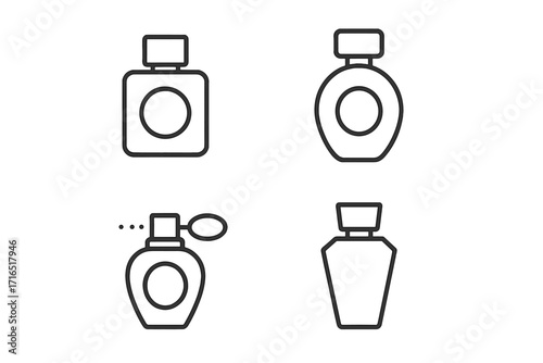 Minimalistic perfume bottle thin outline icons set, fragrance spray, elegant cologne bottle, beauty product vector, cosmetic container illustration for web, apps, social media, banners