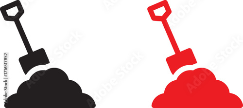 shovel, digging, soil, dirt, icon, symbol, black, red, white background, isolated, graphic, design, vector, work, construction, gardening, excavation, tool, equipment, earth, mound, pile, labor, indus