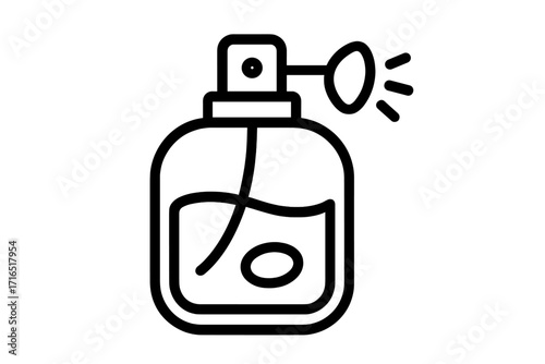 Modern perfume bottle icon with spray nozzle outline, stylish cartoon vector illustration for design, apps, social networks, cosmetics, beauty, fragrance concept, transparent background