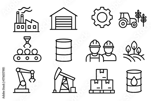 Industry line icon pack with factory, warehouse, gear, agriculture, machine, oil drill, workers, conveyor, and packaging symbols for graphic design, web, apps, adverts, and cards