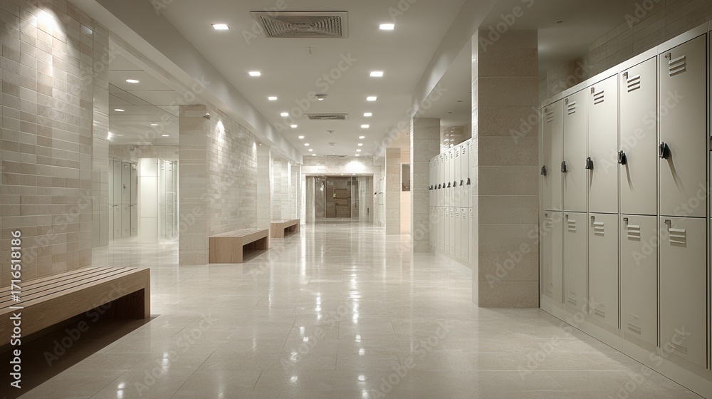 Fototapeta premium Row of white metal lockers along beige wall