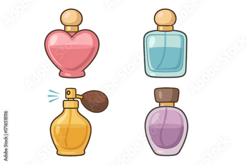 Vector set of colorful perfume bottles with spray atomizer, cartoon style illustration, transparent background, beauty and fragrance design elements for graphics, books, ads, and apps