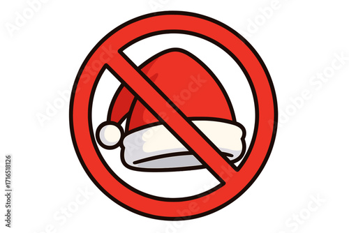 No Santa hat sign. Christmas prohibited vector icon. Holidays forbidden symbol. Anti-Christmas, cancel culture concept. Cartoon illustration for warning, notice or web.