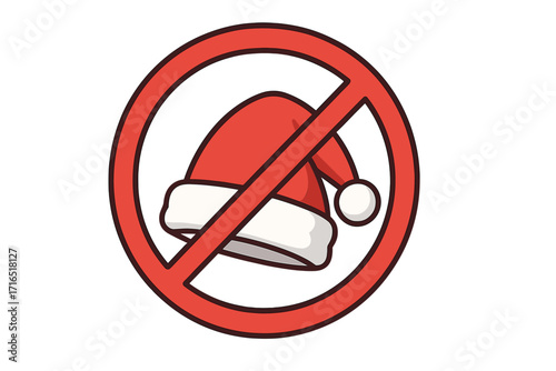 No Santa hat sign. Christmas prohibited symbol. Holiday cancellation concept. Red warning icon with cartoon Santa Claus cap. Forbidden Xmas celebration vector illustration.