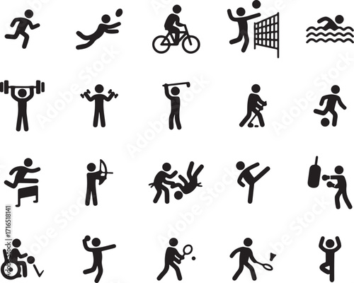 diverse, vector, illustration, icons, design, sports, activities, running, diving, cycling, volleyball, swimming, weightlifting, dumbbells, golf, skiing, soccer, jumping, archery, wrestling, kickboxin