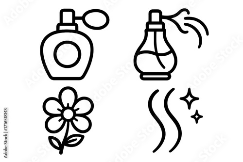 Set of black line perfume bottle icons with flower, scent spray, fragrance mist, aroma, fresh scent, beauty product vector illustration, transparent background