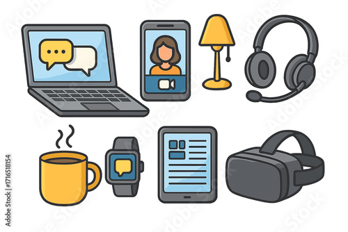 Remote work home office icon set. Digital tools for modern lifestyle. Business communication technology vector illustration. Laptop, VR, video call, headset graphics.