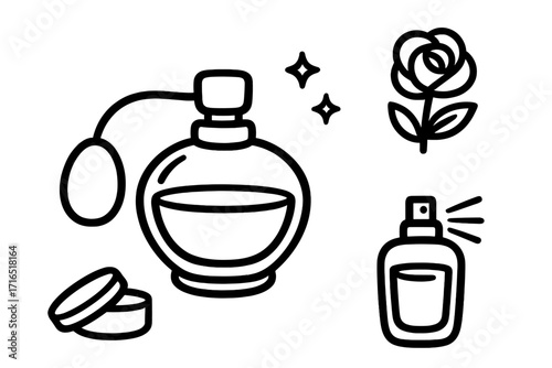 Vintage perfume bottle with atomizer and spray bottle icon set, floral fragrance symbol, cosmetic and beauty vector illustrations for web, apps, cards, and design projects