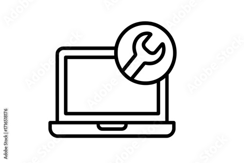 Laptop repair service icon. Computer maintenance and technical support concept. PC diagnostic and setup. Notebook configuration, fix, settings symbol. Vector line illustration.