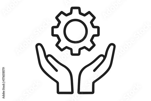 Mechanism setting cogwheel above open hands pictogram, technical support and engineering concept, vector cartoon illustration for graphic design, websites, cards, books, and articles