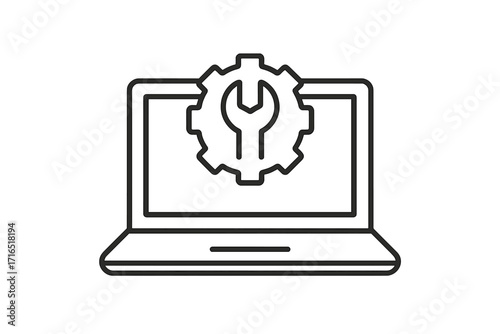 Laptop repair service icon with gear and wrench. Computer technical support symbol. Vector for maintenance, configuration, or settings. PC help and tech service concept.