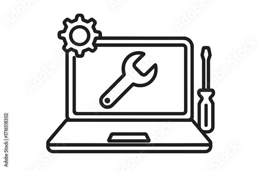 Laptop repair service icon. Computer maintenance and technical support symbol. Notebook diagnostic, settings, and configuration vector. IT help and fix line art concept.