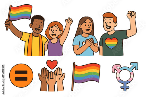 LGBTQ pride month celebration vector set. Diverse people and symbols like rainbow flag, transgender icon, and heart promoting equality, love, inclusion and gender rights.