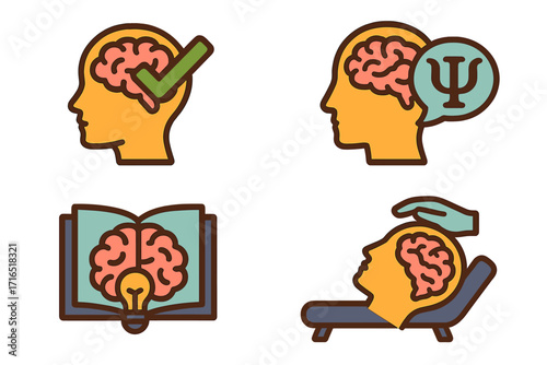 Psychology icon set. Mental health, therapy and psychiatry concept. Brain, psychoanalysis couch, knowledge and wellness symbol. Vector illustration for counseling logo design.