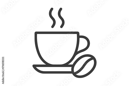 Minimalistic roasted coffee cup icon with steam and coffee bean, vector cartoon illustration for web, graphic design, apps, banners, social network, cards