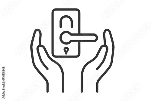 Hands holding open door handle icon. Concept of new opportunities, welcome, access, and hospitality. Real estate, home security, and property symbol. Outline vector logo.