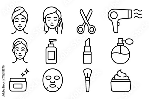 Set of Beauty and Skincare Line Icons including Face Care, Hair Dryer, Scissors, Lipstick, Perfume, Creams, Makeup Brush, Cosmetic Mask, Skincare Products for Graphic Design and Web Apps