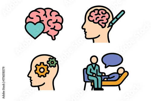Mental health icon set. Psychology, therapy, counseling concepts. Brain love, thinking process gears, analysis, psychotherapy session. Mind wellness vector logo collection.