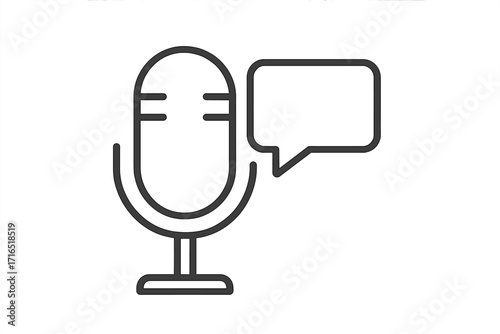 Podcast interview concept with microphone and speech bubble icon. Voice recording, communication, and broadcast symbol. Public speaking, message, announcement vector line art.
