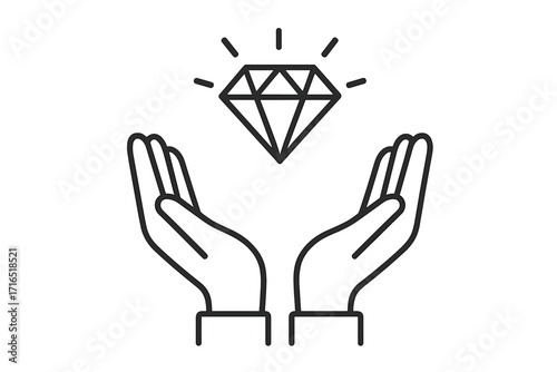 Open hands holding shining diamond gem symbol with rays, precious jewel concept, luxury treasure illustration, valuable gemstone icon for graphic design, web, cards, books