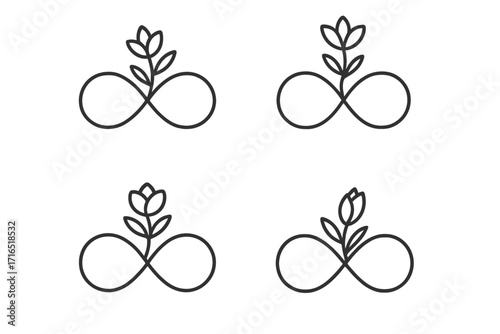 Infinity symbol with growing plant. Endless loop with sprout. Concept of sustainable growth, eternal life, nature's cycle. Eco friendly, organic logo icon set. Line art design.