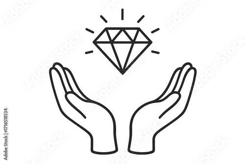 Open hands holding shining diamond icon, sparkling gem symbol, care and protection concept, precious jewelry illustration, luxury crystal, valuable treasure design