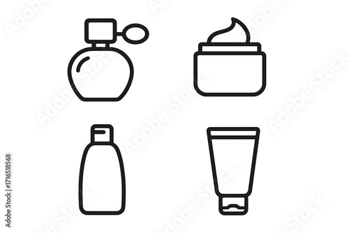 Modern outline style icons of perfume bottle, cream jar, shampoo bottle, and gel tube, vector cartoon illustrations for design, apps, cards, and social networks with transparent background