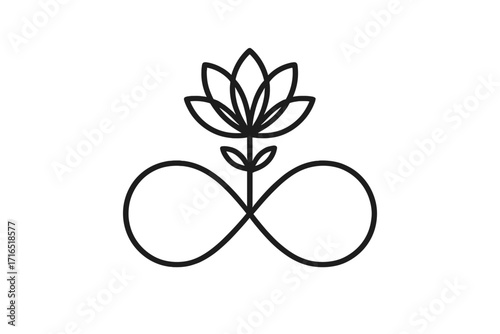 Lotus flower growing from infinity symbol line art icon. Metaphor for endless spiritual growth, eternal life, harmony, and wellness. Yoga and meditation vector logo design.