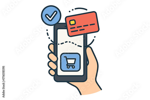 Vector illustration of online payment via credit card on a mobile phone. E-commerce and m-commerce concept. Secure transaction, successful purchase, and approved payment.