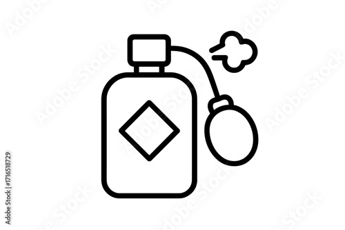 Perfume icon vintage bottle with atomizer spray. Vector line art. Fragrance symbol. Scent and aroma concept. Beauty cosmetic. Glamour retro illustration. Isolated design.
