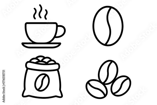 Roasted coffee beans outline set with steaming cup, coffee sack, and beans cluster vector, linear style for graphic design, web, apps, adverts, transparent background