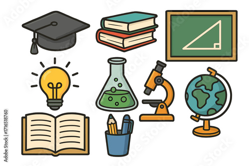 Education and science icon set. Vector cartoon illustrations of school supplies for learning and study. Concept for knowledge, research, graduation, university, and college.